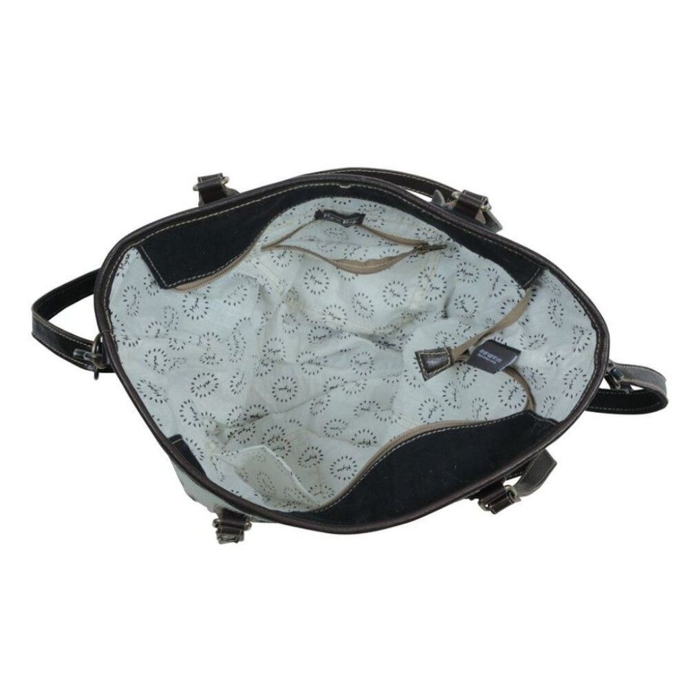 Myra Bag Handmade Panacea Tote Bag Upcycled Canvas & Cowhide Leather - Picture 7 of 9